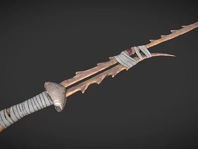 Handcrafted Ancient Weapon With Serrated Metal Blade And Gray Rope Wrapped Handle 3d model