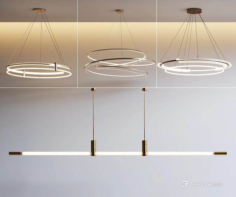 Modern Interior Lighting Combinations With Circular Rings And Linear Pendant Design 3d model