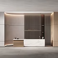 Elegant Modern Reception Desk With Marble Countertop And Wooden Slat Wall Decor