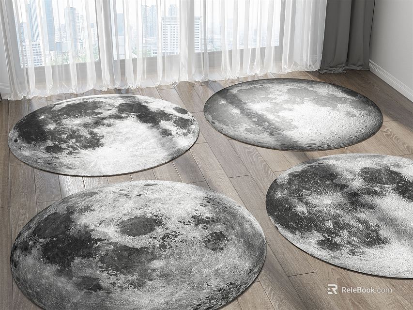 Round Lunar Surface Pattern Rugs In Bright Room With Wooden Floor And Window 3d model 