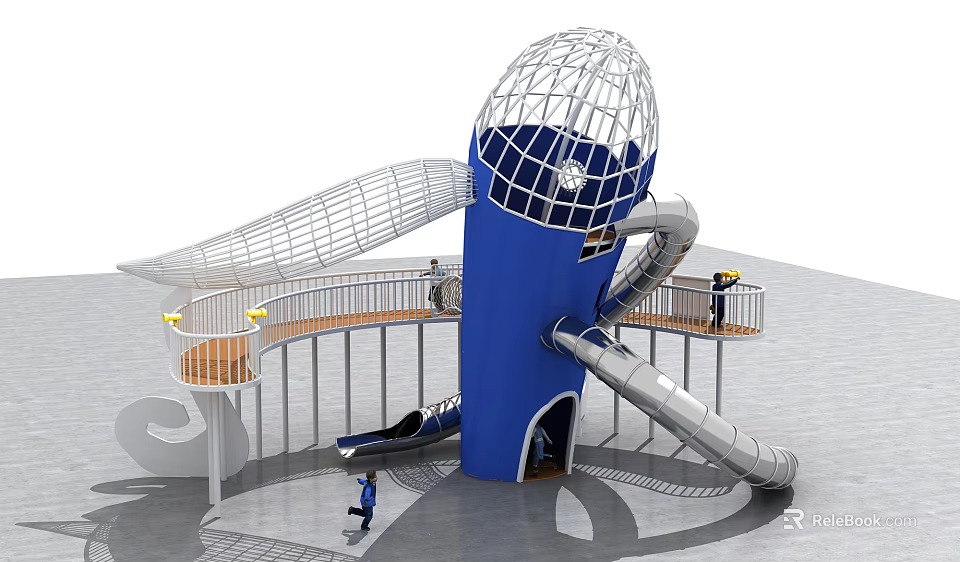 Modern Playground Structure Featuring Blue Main Body Metal Slide And Mesh Platform 3d model