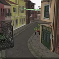 Colorful Buildings Lined Street With Hanging Green Umbrellas Stone Paved Path And Outdoor Tables Chairs