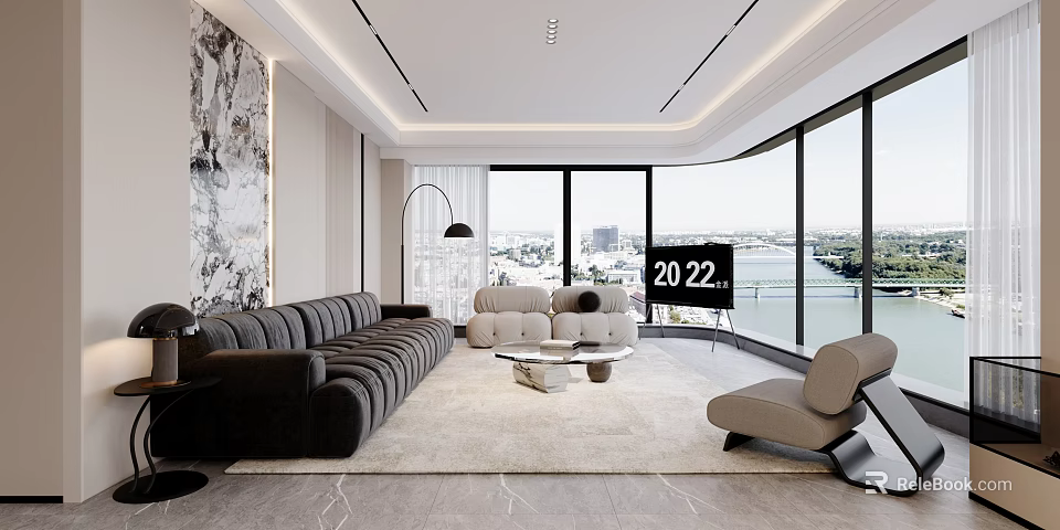 Modern Living Dining Room With Gray Sofa Beige Armchair And City View Through Windows 3d model 
