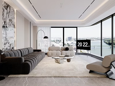 Modern Living Dining Room With Gray Sofa Beige Armchair And City View Through Windows 3d model