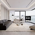 Modern Living Dining Room With Gray Sofa Beige Armchair And City View Through Windows