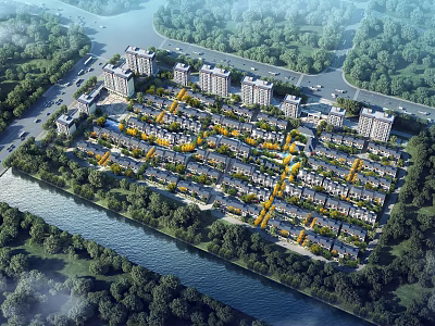 Residential Community Aerial Planning With Surrounding River Green Trees And Roads 3d model