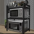 Kitchen Appliances Organized on Multi Tier Shelf With Microwave Oven Toaster and Herringbone Tile Wall
