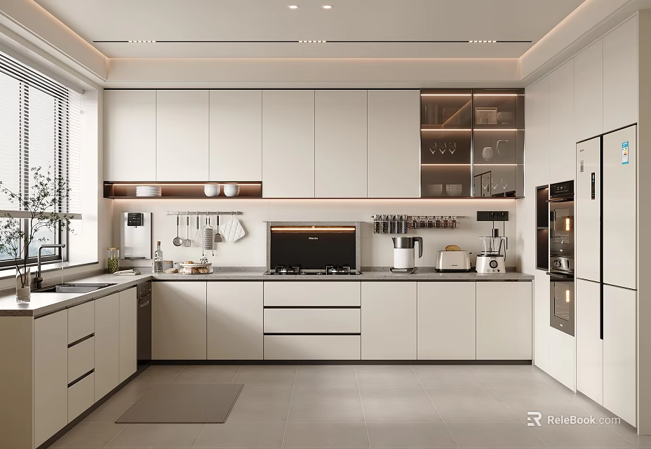 Modern Kitchen Interior With White Cabinets Glass Door Upper Units Light Countertops And Appliances 3d model 