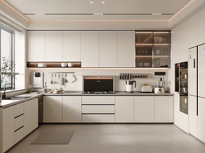 Modern Kitchen Interior With White Cabinets Glass Door Upper Units Light Countertops And Appliances 3d model