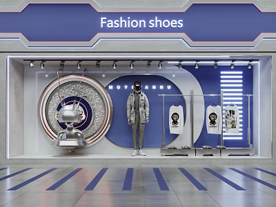 Fashion Shoes Store Window Display With Mannequin Gray Coat Hanging T-shirts And Modern Lighting 3d model