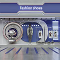Fashion Shoes Store Window Display With Mannequin Gray Coat Hanging T-shirts And Modern Lighting