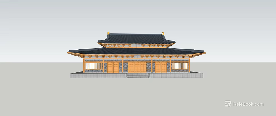 Ancient Chinese Architecture Traditional Design With Black Roof Yellow Wooden Structure And Overhanging Eaves 3d model 