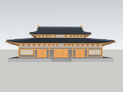 Ancient Chinese Architecture Traditional Design With Black Roof Yellow Wooden Structure And Overhanging Eaves 3d model