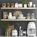 Organized Kitchen Shelves With Jars Bowls Plates Blender Coffee Maker And Plant