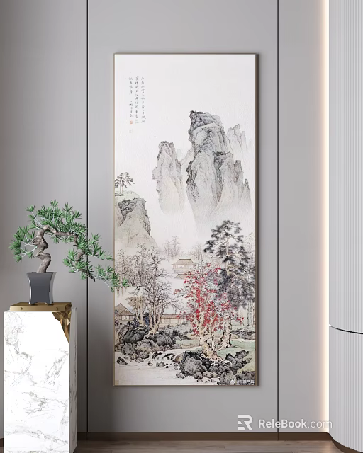 Traditional Chinese Landscape Painting With Mountains Pine Trees Red Leaves And Potted Plant Interior 3d model 