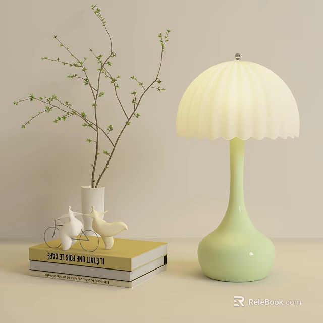 Light Green Ceramic Table Lamp With Scalloped Lampshade White Bird Figurines Vase Twigs On Books 3d model 