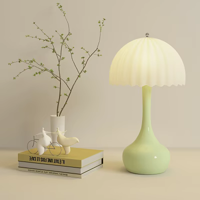 Light Green Ceramic Table Lamp With Scalloped Lampshade White Bird Figurines Vase Twigs On Books 3d model
