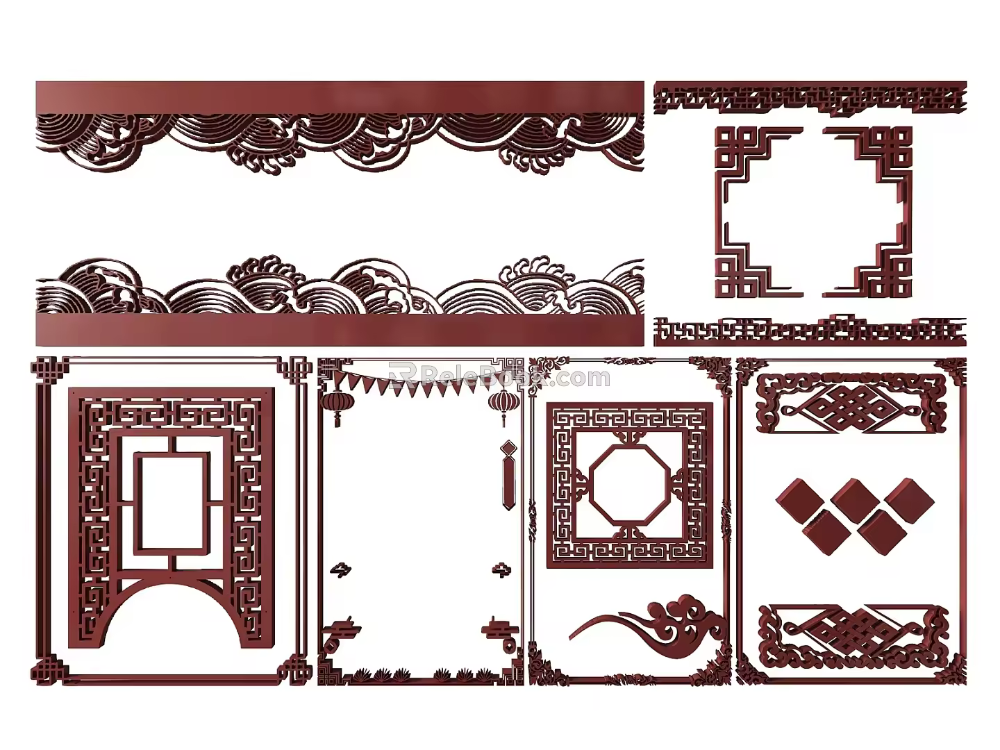 New Chinese Style Flower Lattice Window Carved Hollow Carved Window Corner Carved Gypsum Line Carved Window Pattern Carved 3d model