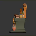 Decorative Furniture Shelf With Orange Cloth Scroll Potted Plant And Decorative Bottle