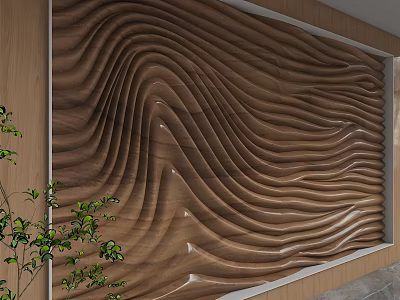 Modern Wooden Background Wall With Wavy Texture And Decorative Green Plants 3d model