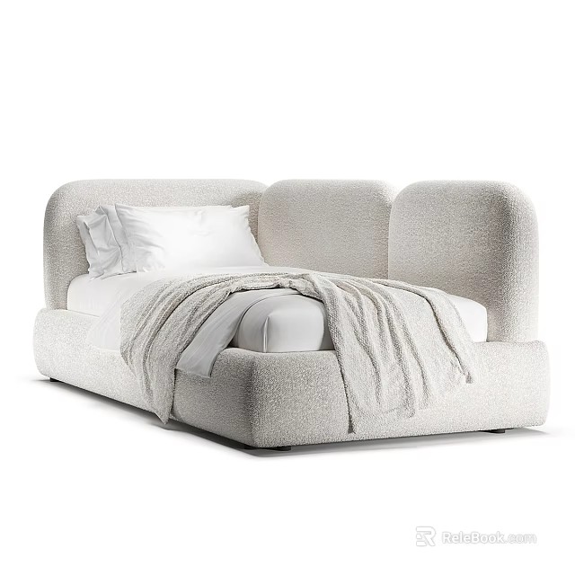 Modern Light Gray Upholstered Single Bed With White Sheets Blanket And Soft Pillows 3d model