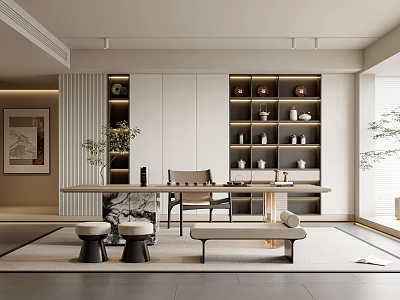 Modern Tea Room Interior Design With Long Table Chairs Tea Shelves And Green Plants 3d model