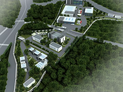 Aerial View Of Modern Campus With Multiple Buildings Surrounding Trees And Roads 3d model