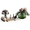 Decorative Ornament Set Including Green Vase Mushroom Shaped Decor Candles Books And Flowers