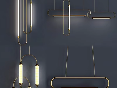 Contemporary Gold Metal Pendant Lights Featuring Geometric Shapes and LED Glow 3d model