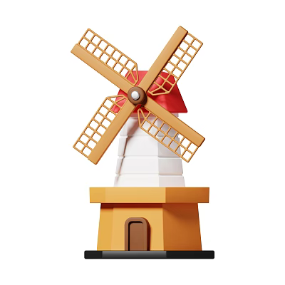 Cute Cartoon Windmill Featuring Yellow Blades Red Roof White Tower Yellow Base And Small Door 3d model
