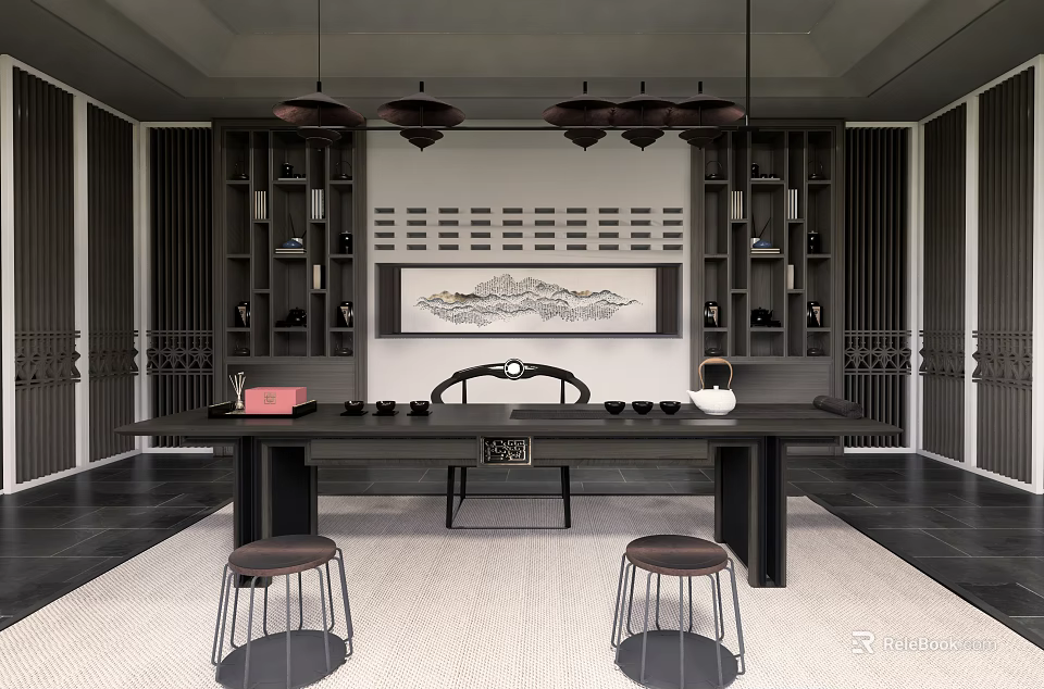 Modern Tea Room Interior Design With Long Black Table Pendant Lights Bookshelves And Wall Landscape Painting 3d model 
