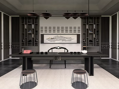 Modern Tea Room Interior Design With Long Black Table Pendant Lights Bookshelves And Wall Landscape Painting 3d model
