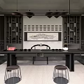 Modern Tea Room Interior Design With Long Black Table Pendant Lights Bookshelves And Wall Landscape Painting