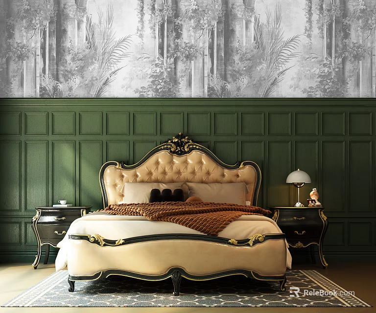 Beige Carved Headboard Double Bed With Green Paneled Wall And Black White Forest Mural 3d model 