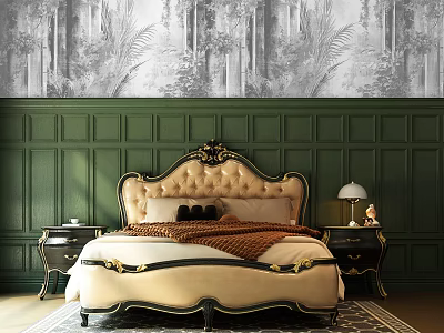Beige Carved Headboard Double Bed With Green Paneled Wall And Black White Forest Mural 3d model
