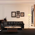 Modern Living Room Interior Design With Black Leather Sofa Wall Art Floor Lamp Wooden Cabinet