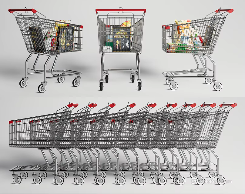 Multiple Commercial Shopping Carts For Retail Store With Loaded Items And Stackable Design 3d model 