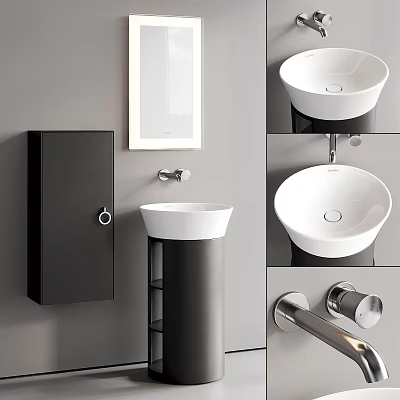 Modern Minimalist Bathroom Washbasin With White Basin Black Cabinet Mirror And Faucet 3d model