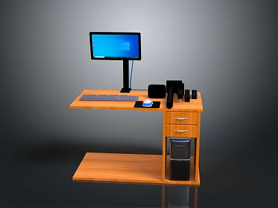 Wooden Office Desk With Monitor Keyboard Mouse Phone Drawer Cabinet And Computer Tower 3d model