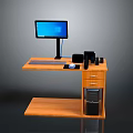 Wooden Office Desk With Monitor Keyboard Mouse Phone Drawer Cabinet And Computer Tower
