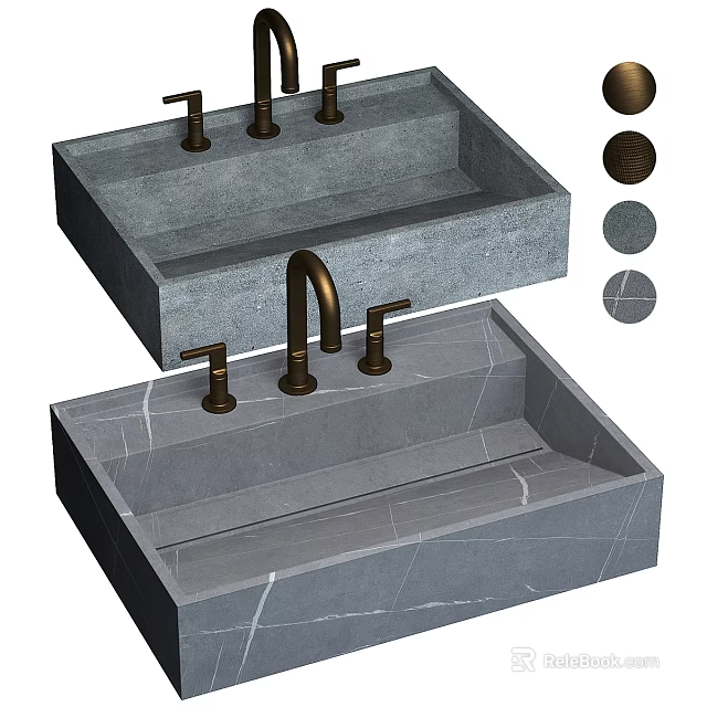 Double Stone Washbasin Design With Brass Faucets And Natural Texture Details 3d model 
