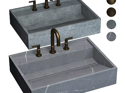 Double Stone Washbasin Design With Brass Faucets And Natural Texture Details 3d model