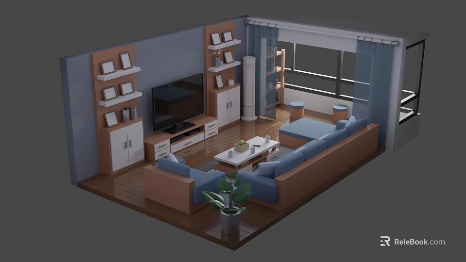 Cartoon Scenery of Living Room With Blue Sofa Wooden Floor TV Bookshelves and Potted Plant 3d model 