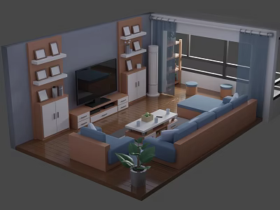 Cartoon Scenery of Living Room With Blue Sofa Wooden Floor TV Bookshelves and Potted Plant 3d model