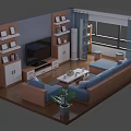 Cartoon Scenery of Living Room With Blue Sofa Wooden Floor TV Bookshelves and Potted Plant