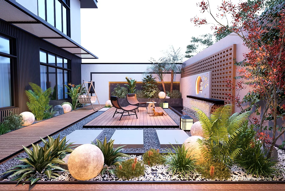 Courtyard Garden Design With Wooden Deck Lounge Chairs Stone Spheres Green Plants And Lantern Lights 3d model 