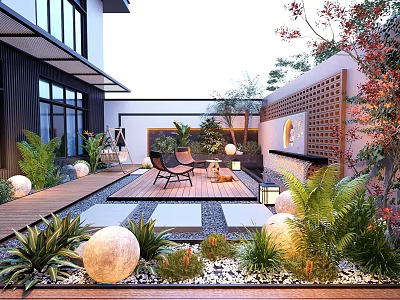 Courtyard Garden Design With Wooden Deck Lounge Chairs Stone Spheres Green Plants And Lantern Lights 3d model