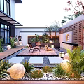 Courtyard Garden Design With Wooden Deck Lounge Chairs Stone Spheres Green Plants And Lantern Lights