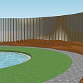 Wooden Curved Landscape Seat Near Water Pool And Green Lawn Area