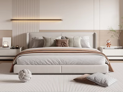 Modern Double Bed In Neutral Tones With Pillows Throw Blanket Nightstands And Striped Wall 3d model